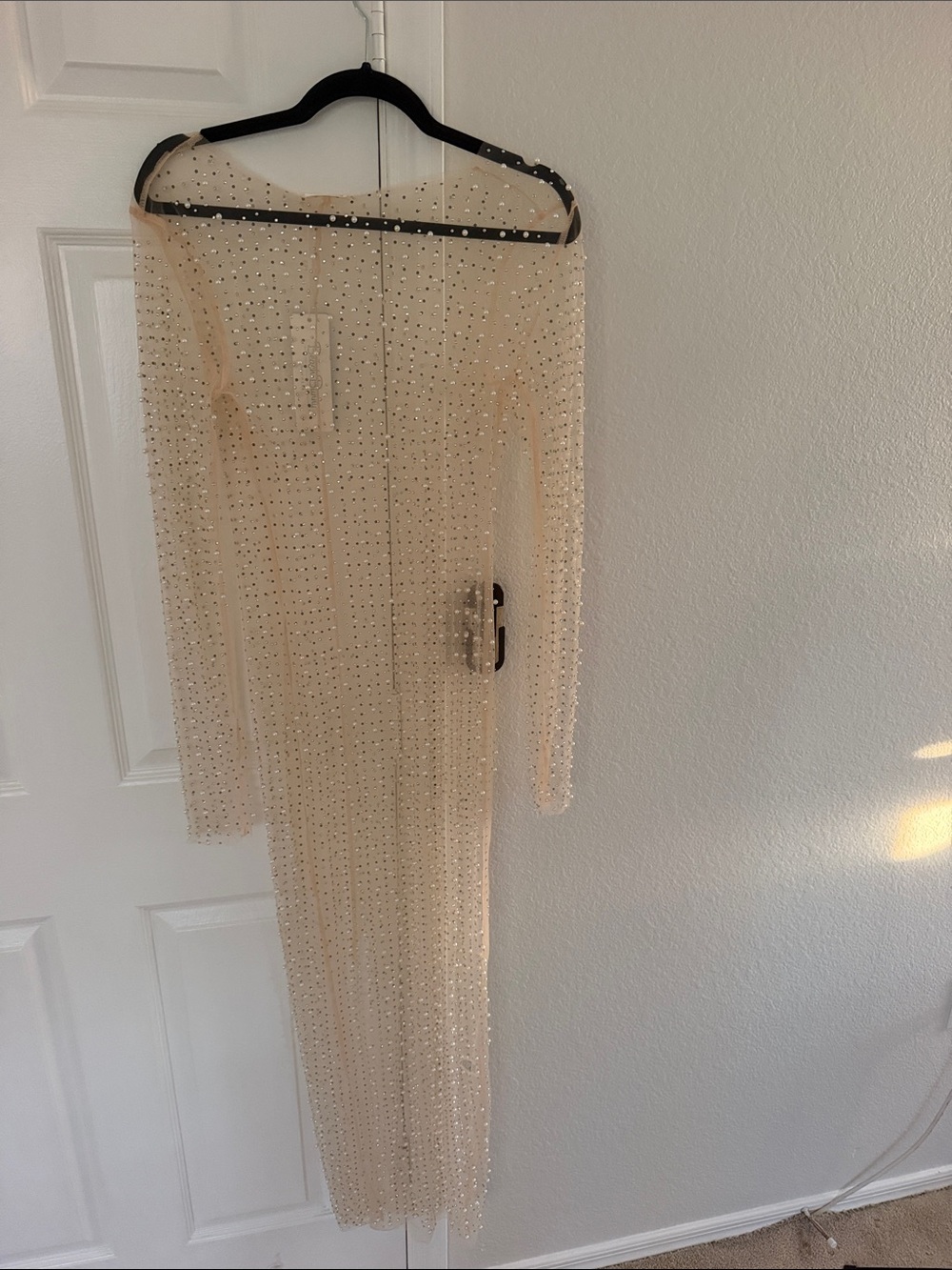 Beach Bunny Nude Sheer Beaded Long Sleeve Gown
